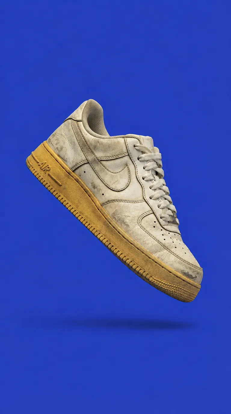 Nike Air Force 1 dengan sol kuning dan kotor sebelum dicuci.