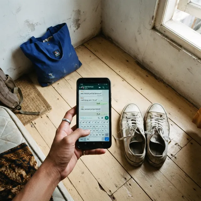 Tangan memegang ponsel berisi chat WhatsApp di samping sepasang sepatu kotor