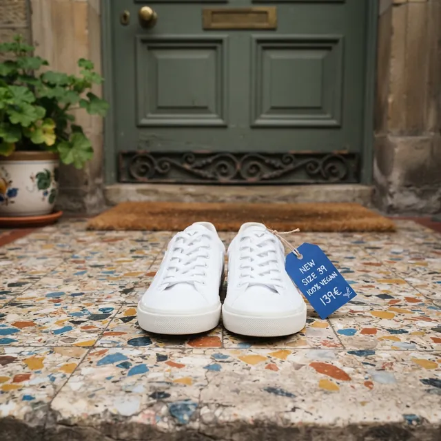 Sepasang sepatu putih bersih di depan pintu rumah
